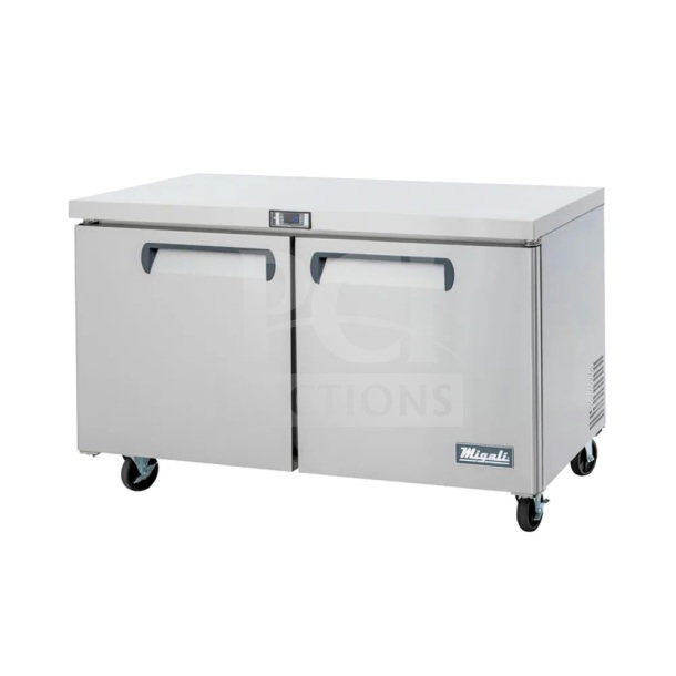 Brand new Migali C-U60F-HC commercial 2-door undercounter freezer on casters. 115V, 1 phase. Scratch and dent.