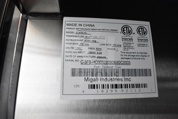 Brand new Migali C-3FB-HC 3-door commercial freezer, model C-3FB-HC, on casters. Serial: C-3FB-HC003220303092C0003.