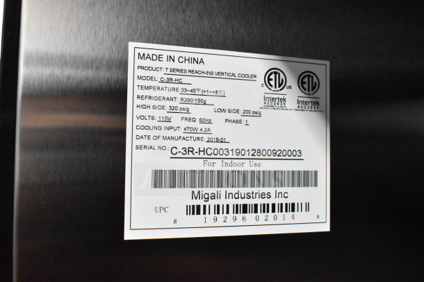 Brand new Migali C-3R-HC 3-Door Cooler, commercial casters, 115V, 1 Phase. Model info on label. Scratch and dent condition.