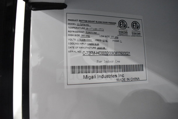 BRAND NEW 2020 Migali C-72FM-HC 3 Door Commercial Freezer, 115/208-230V, Serial No. C-72FM-HC00320080800920021.