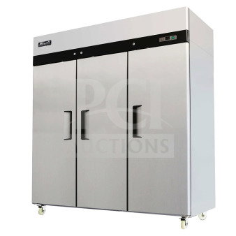 Brand new Migali C-3R 3-door reach-in freezer on casters. Scratch and dent condition. 115/208-230V, 1-phase.