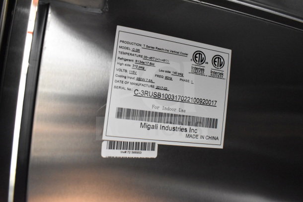 "2017 Migali C-3R Commercial 3-Door Freezer tag showing model, voltage, and manufacturing details. Serial C-3RUSB100317022100920017."