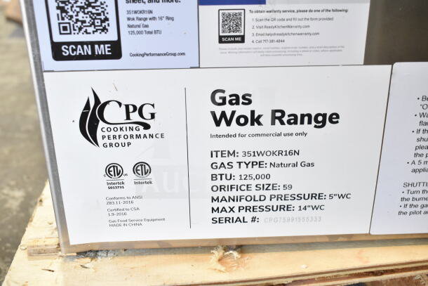 BRAND NEW Cooking Performance Group WOKR16N Natural Gas Wok Range, 125,000 BTU, 16" Ring, labeled for commercial use.