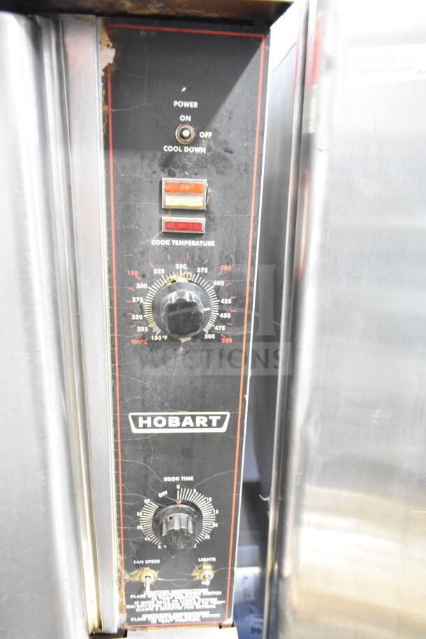 Hobart commercial convection oven control panel, features power switch, temperature dial ranging from 100°F to 500°F, thermostat control, and label markings.