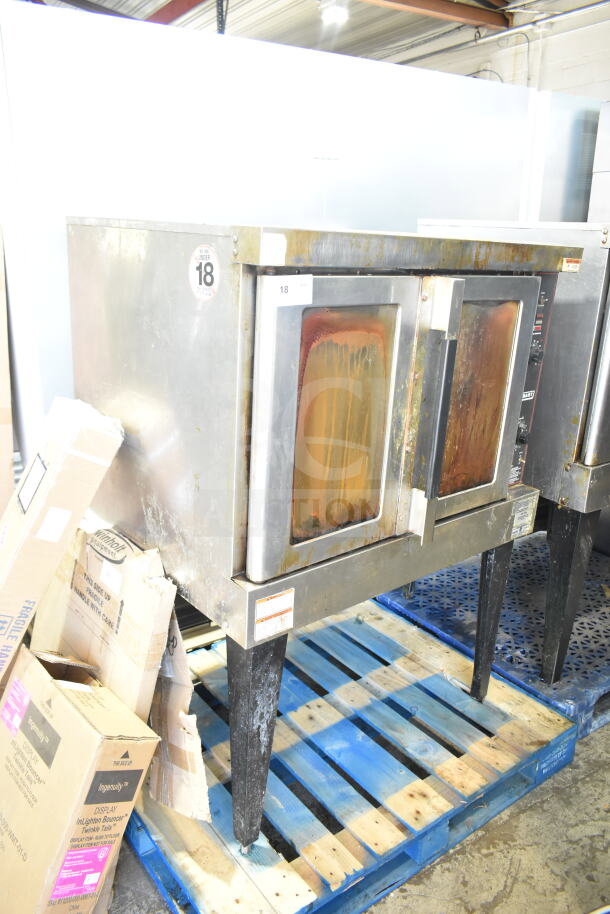 Hobart commercial gas convection oven with view-through doors, thermostatic controls, metal legs; used condition.