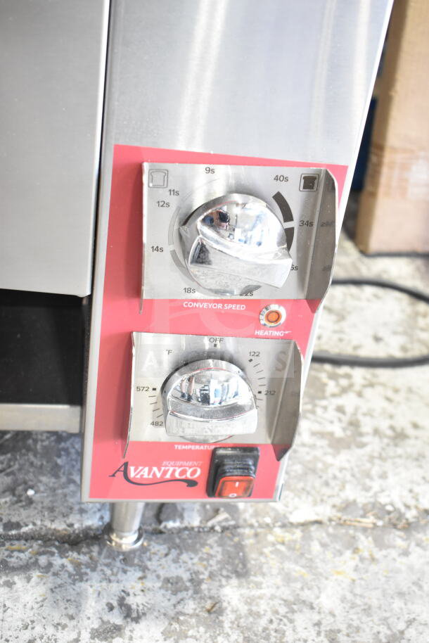 Avantco 177CPBTR66A commercial bun toaster, adjustable conveyor speed and temperature dials, compact design, 120V, 1 phase.