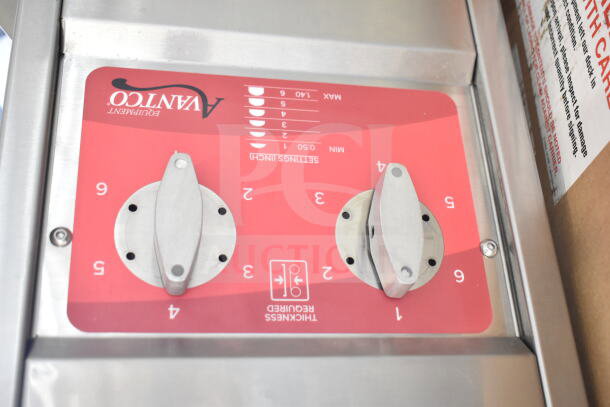 Avantco 177CPBTR66A commercial bun toaster control panel with dual dials and settings display. Brand logo visible.