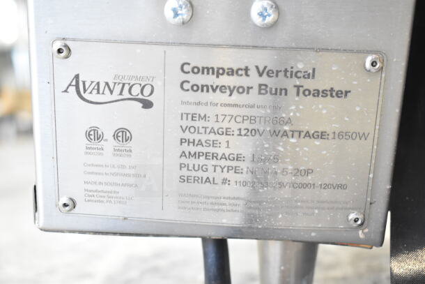 Avantco 177CPBTR66A commercial bun toaster, 120V, 1650W, NEMA 5-20P plug, stainless steel plate showing specifications.