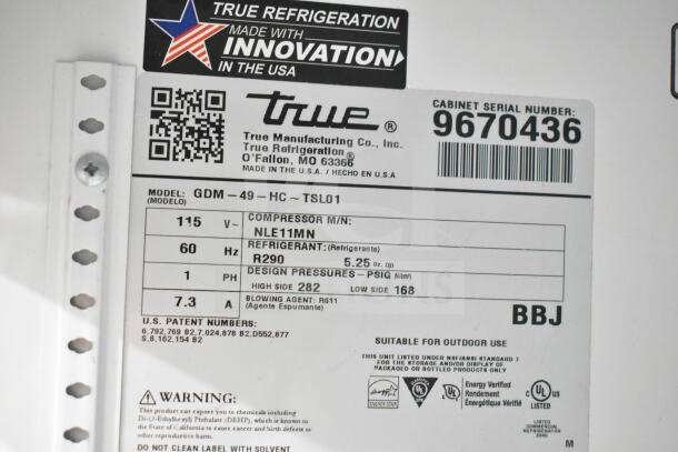 2019 True GDM-49-HC Cooler label, 115V, 1 phase, R290 refrigerant, serial 9670436, for outdoor use, NSF/ANSI Standard 7 listed.