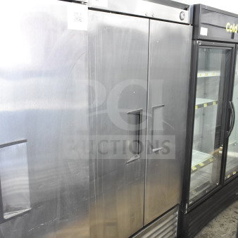 2017 True T-35 Commercial 2 Door Reach-In Cooler, 115V, 1 Phase. Stainless steel, visible temperature display.