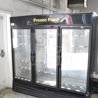 2016 True GDM-72F-HC commercial freezer with 3 glass doors, black finish, used condition, 115/208-230V, 1 phase.