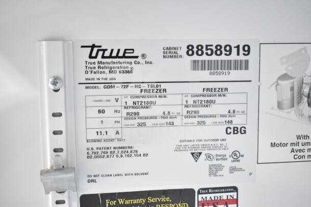 2016 True GDM-72F-HC 3 Door Freezer Merchandiser, 115/208-230V, 1 Phase, Model info and serial label shown.