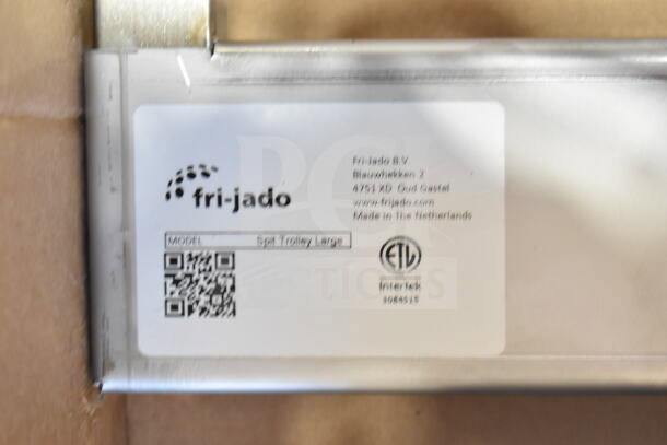 Brand new Fri-jado Spit Trolley Large with minor scratches. Label shows model and manufacturing details. Made in the Netherlands.