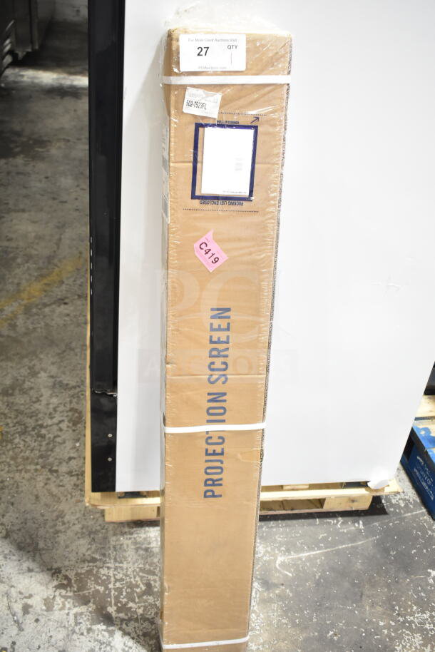 Brand new Technotape International projection screen in sealed packaging. Labeled "Scratch and Dent." Box marked with labels and tag CA19.