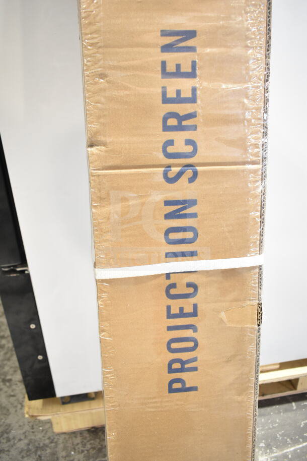 Brand new Technotape International projection screen in box, labeled "Projection Screen," with some visible dents.