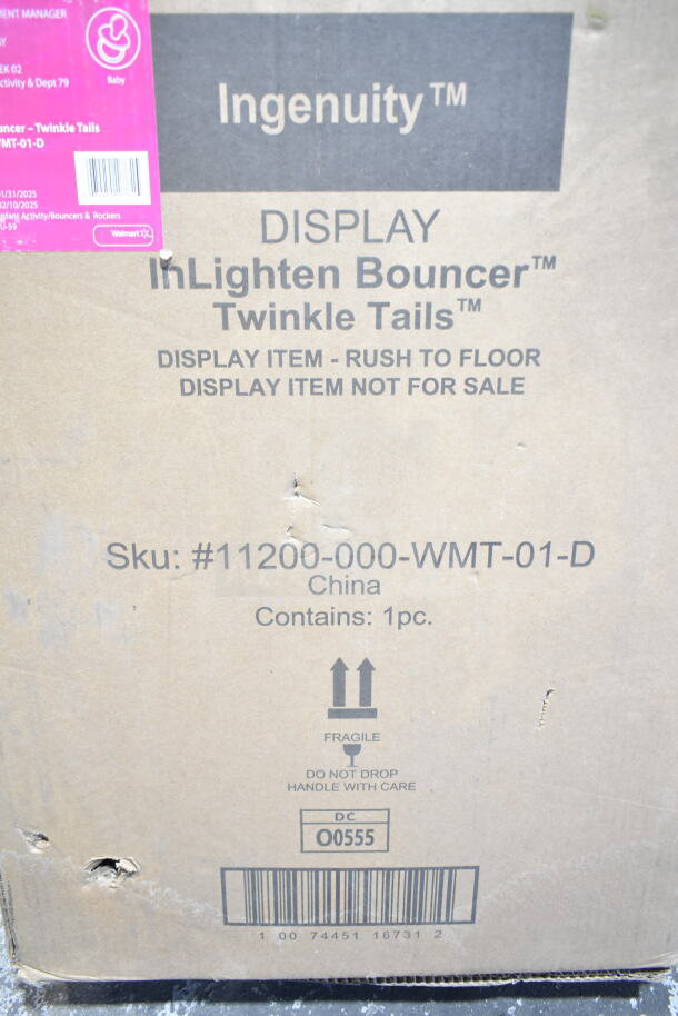 Cardboard box labeled "Ingenuity InLighten Bouncer Twinkle Tails." Marked as display, not for sale. Contains 1 piece. SKU: #11200-000-WMT-01-D.