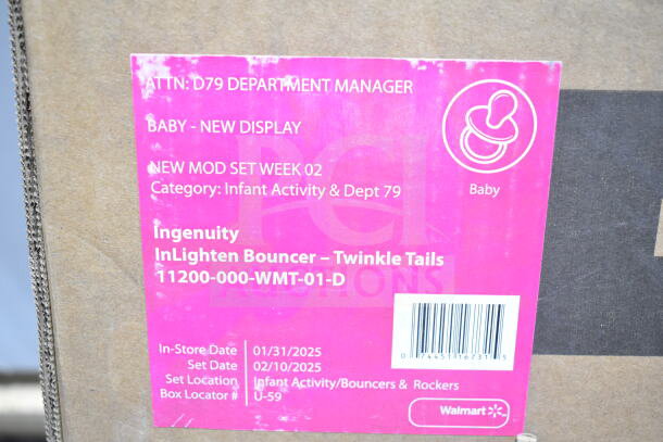 Box with label for Ingenuity InLighten Bouncer Twinkle Tails. Tagged for Infant Activity, set for display. Model: 11200-000-WMT-01-D.