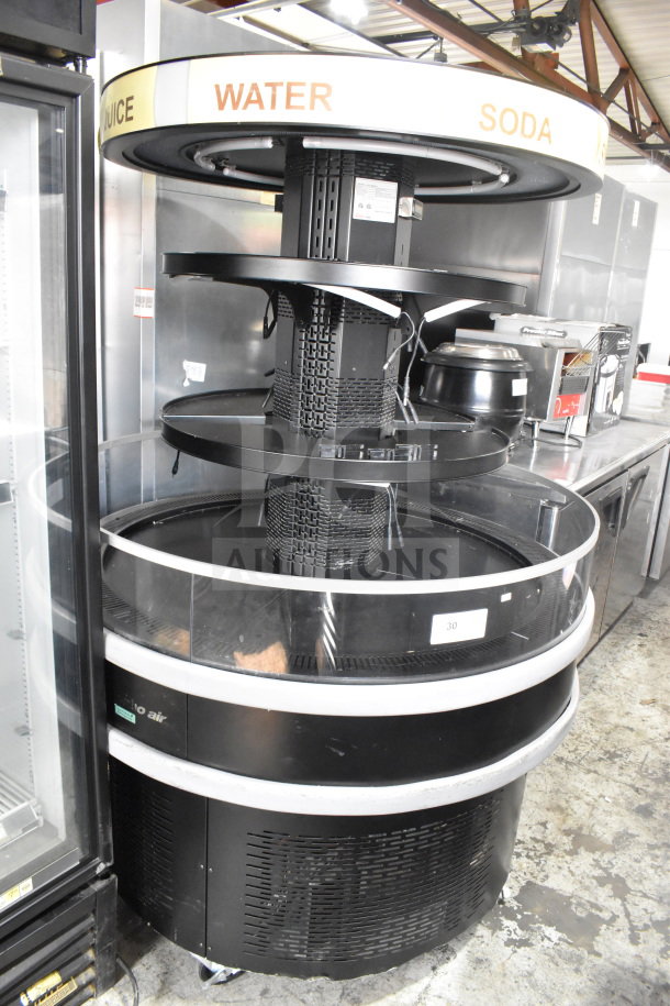 Turbo Air TIOM-48RRB-N 48" black air curtain round island display case on casters. Features labels for beverages.