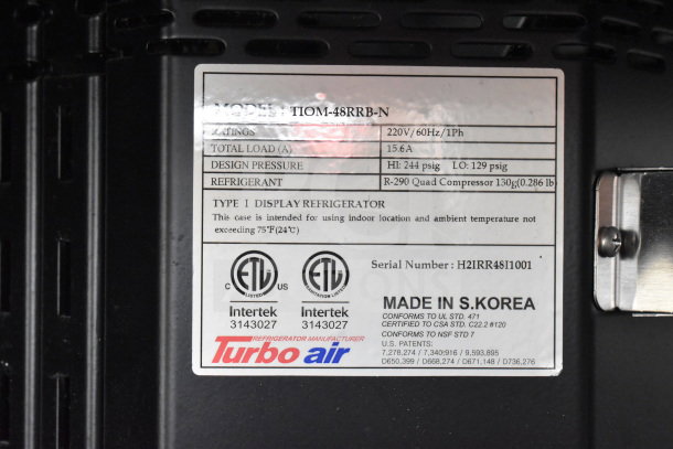 Turbo Air TIOM-48RRB-N label, 220V/60Hz/1Ph, 15.6A, R-290 refrigerant, ETL certified, made in S. Korea, serial H2IRR48I1001.