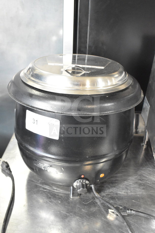 Avantco 177S600 commercial countertop soup kettle, black, 120V, 1 phase. Features include adjustable knob, visible power cord.