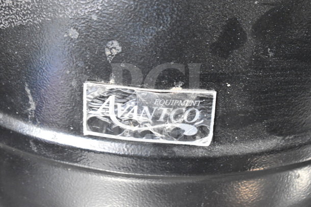Avantco 177S600 commercial soup kettle, black, with visible brand label. 120 volts, 1 phase, countertop model.