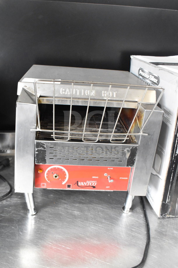 Avantco 184T140 commercial countertop conveyor toaster oven, 120V, 1 phase, stainless steel, front dial, and switches visible.