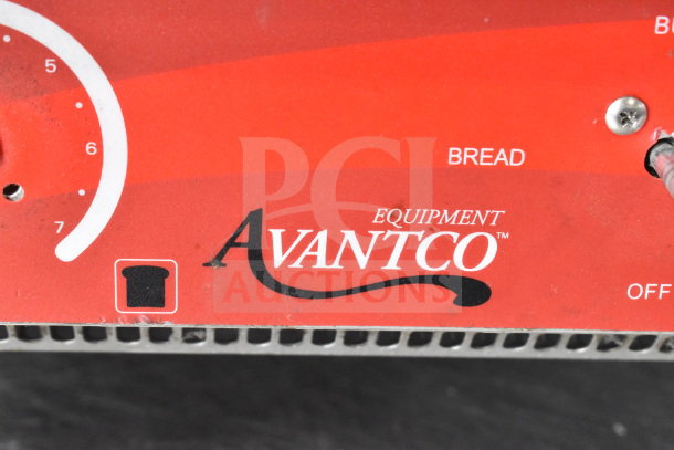 Avantco 184T140 conveyor toaster oven controls. Red panel with branding and temperature dial visible.