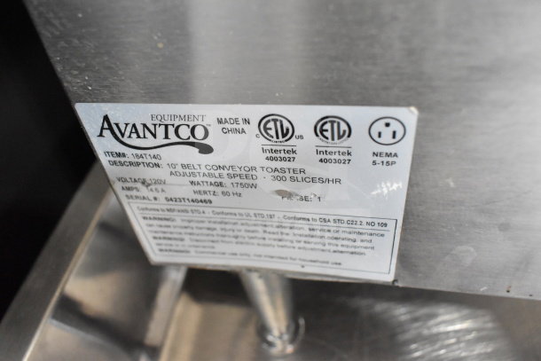 Avantco 184T140 Commercial Conveyor Toaster, 10" belt, 120V, adjustable speed, 1750W, ETL listed, good condition.