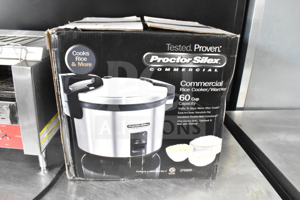 Proctor Silex GR05 Commercial Rice Cooker, 60-cup capacity, 120V, 1 phase, features nonstick pot, new in box.