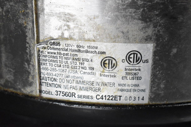 Proctor Silex GR05 Commercial Rice Cooker label, 120V, 1 Phase, stainless exterior, model 37560R, ETL listed, Made in China.