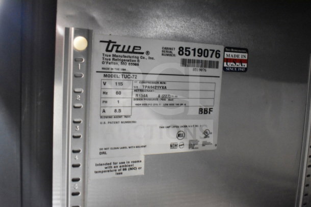 True TUC-72 Commercial 3 Door Undercounter Cooler label showing model, voltage, phase, and patent information.