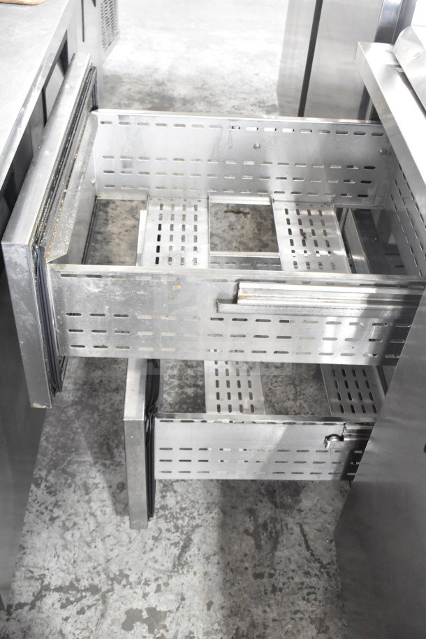 True TPP-67D-2 commercial pizza prep table with open stainless steel drawers, 115V, 1 Phase, durable condition.