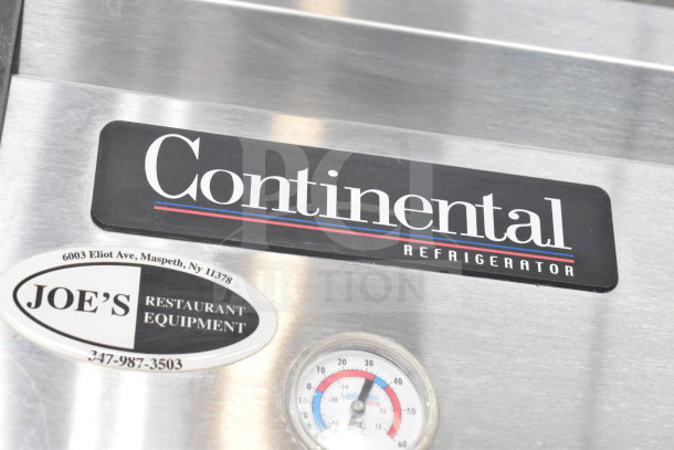 Continental 2RE Commercial 2 Door Reach In Cooler with casters, 115 volts, 1 phase, featuring visible brand label and temperature gauge.