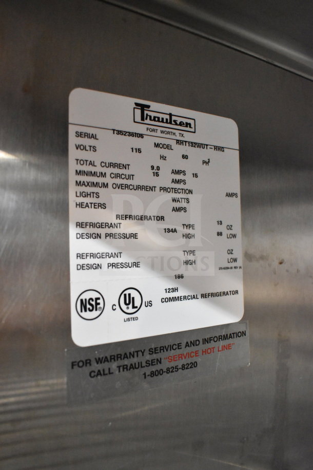 Traulsen RHT132WUT-HHG 24.2 Cu. Ft. stainless steel glass door refrigerator; 115V, 1 phase; commercial casters; specification line.
