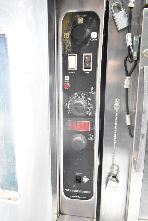 Blodgett commercial gas convection oven control panel with thermostatic controls, fan settings, and temperature dial.