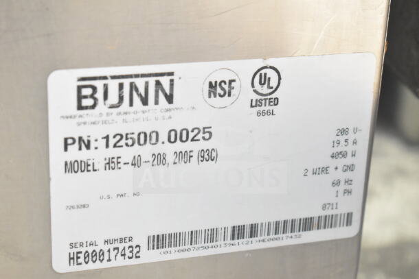 Bunn H5E-40 Commercial Hot Water Heater label showing model 12500.0025, 208V, 1 Phase, UL Listed, NSF certified.
