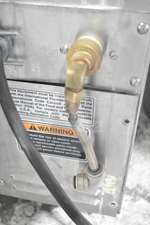 Bunn H5E-40 commercial hot water heater, stainless steel, 208V, 1 phase. Features plumbing compliance label and warning sticker.