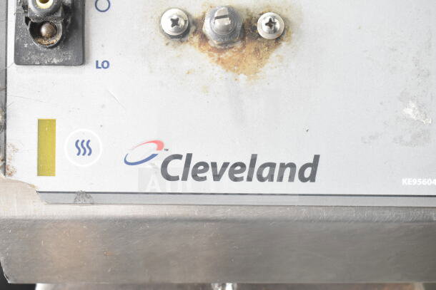 Cleveland Commercial Floor Manual Tilt Braising Pan, stainless steel, visible wear on control panel, suitable for high-volume cooking.