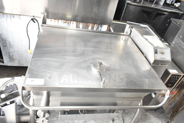 Cleveland Commercial Manual Tilt Braising Pan, stainless steel, floor style, control panel visible, good condition.