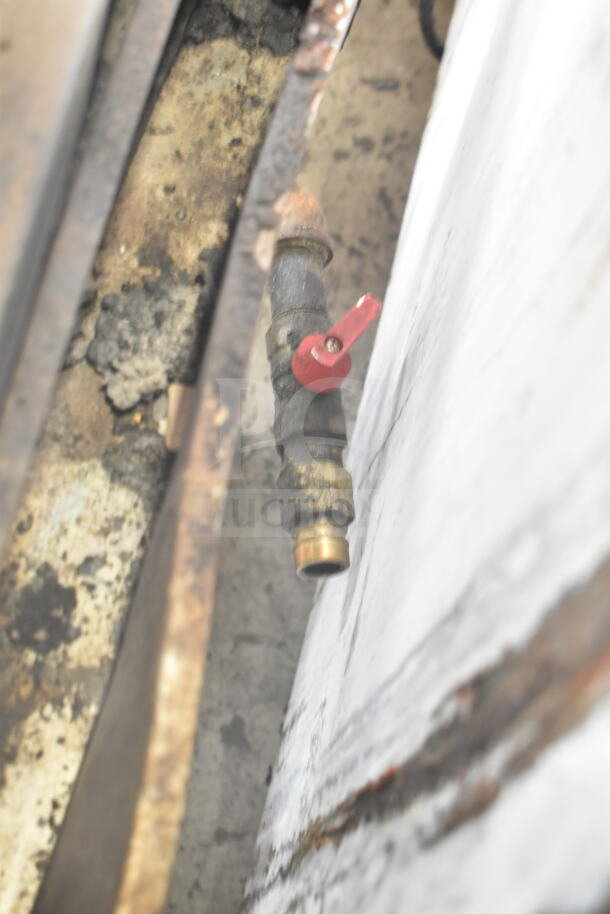 Cleveland Commercial Floor Style Manual Tilt Braising Pan, showing a gas valve with a red handle. Condition appears worn.