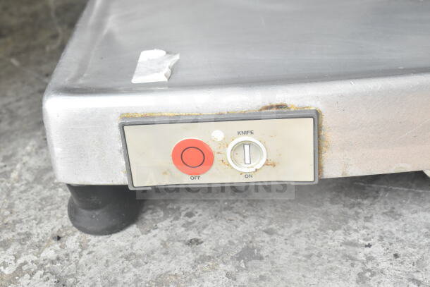 Hobart HS6N slicer control panel with on/off buttons, some rust visible; heavy-duty manual slicer, 120V, 1 Phase.