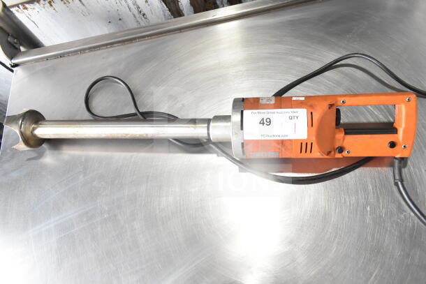 Dynamic MF90 Commercial Immersion Blender, orange, 115 volts, 1 phase, shows auction tag #49. Used condition.