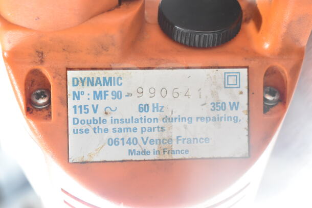 Dynamic MF90 commercial immersion blender, 115V, 350W. Visible label indicating model and voltage. Made in France.