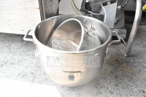 Three items: Hobart VMLH-40 40-quart mixing bowl, additional mixer bowl, and whisk attachment. Good condition.