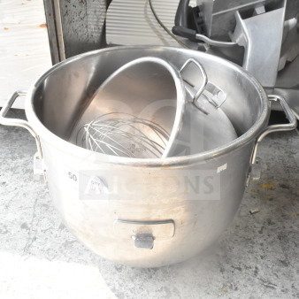 Three items: Hobart VMLH-40 40-quart mixing bowl, additional mixer bowl, and whisk attachment. Good condition.