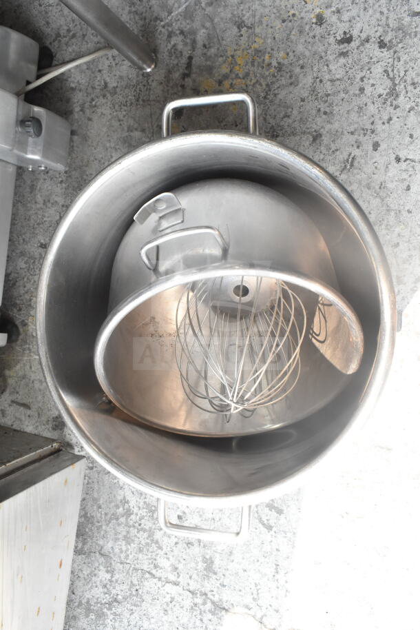 Three items: Hobart VMLH-40 40-quart mixing bowl, another mixing bowl, and a whisk attachment, for Hobart mixer.