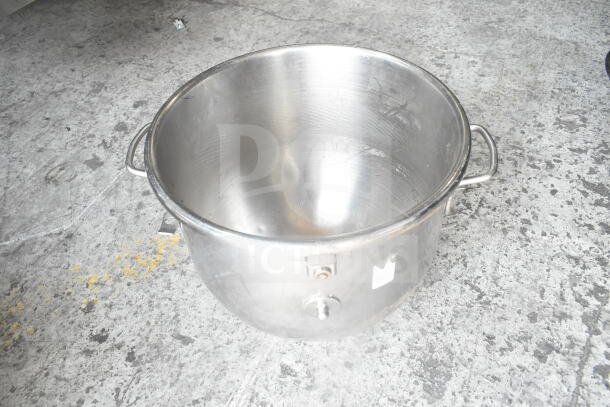 Stainless steel Hobart VMLH-40 40-quart mixing bowl for Hobart mixer, visible handles, good condition, tags present.