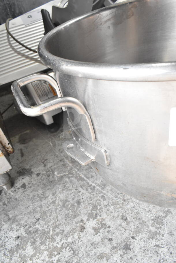 Stainless steel mixing bowl for Hobart mixer, visible handles, part of auction set including VMLH-40 bowl and whisk.