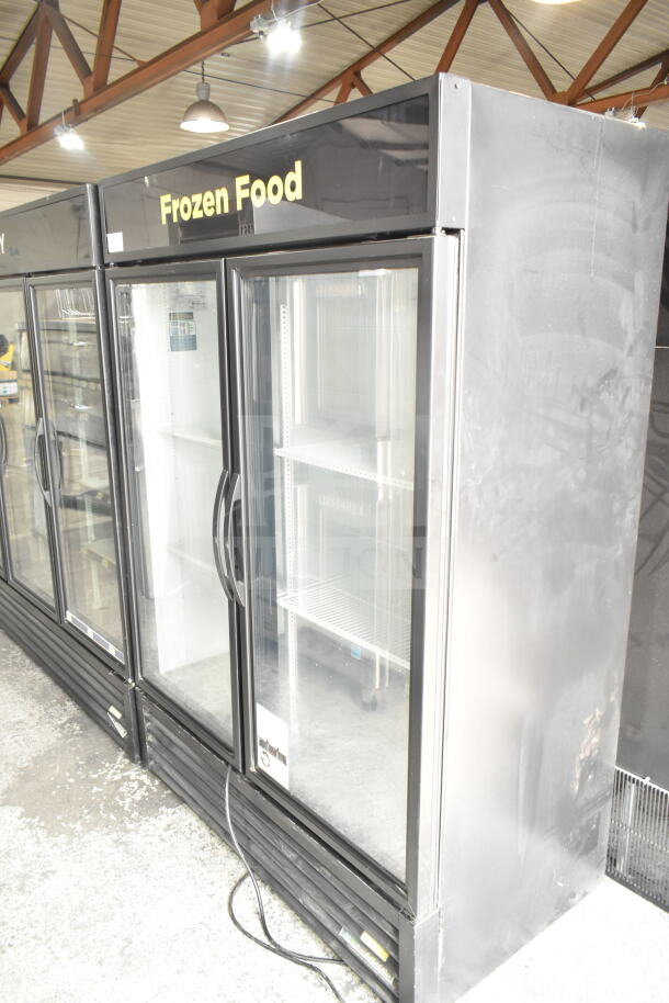 2019 True GDM-49F-HC 2 Door Reach In Freezer Merchandiser, black exterior, "Frozen Food" sign, commercial use.