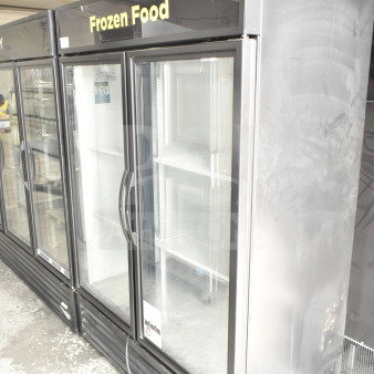 2019 True GDM-49F-HC 2 Door Reach In Freezer Merchandiser, black exterior, "Frozen Food" sign, commercial use.